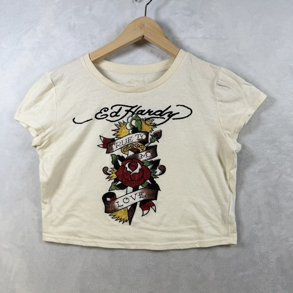 Ed Hardy Women's Cropped Short Sleeve T-Shirt Rose and Eagle Design Size L